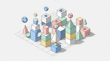 A whimsical isometric illustration of a city constructed from colorful geometric blocks and abstract shapes on a grid.の素材