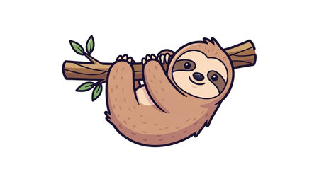 A charming illustration of a brown sloth with a happy expression, gripping a wooden branch with its claws.の素材