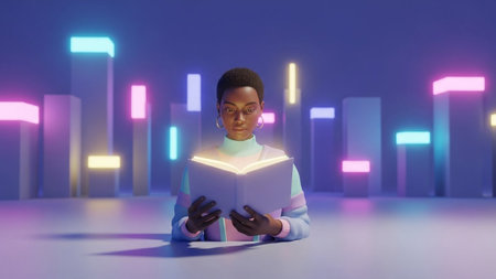 A person sits in front of a backdrop of glowing neon pillars, holding an illuminated book.の素材