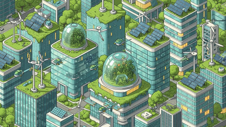 An aerial view of a futuristic city showcasing eco-friendly skyscrapers with green roofs, solar panels, and wind turbines, integrated with lush vegetation.の素材