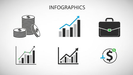 A collection of simple, flat icons representing financial growth, money, and business concepts for infographics and presentations.の素材