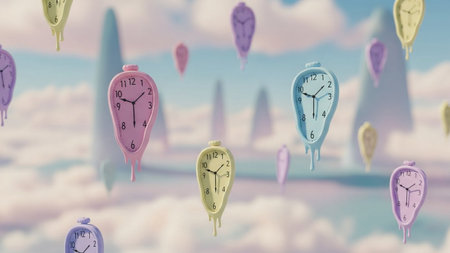 A surreal landscape with melting clocks in various pastel colors suspended in a soft, cloudy sky with distant abstract structures.の素材