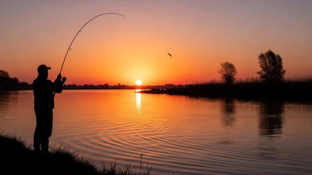 A lone angler silhouetted against a fiery orange sunset, casting a fishing line into the tranquil, rippling water.の素材