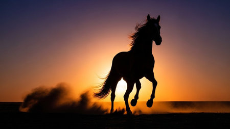 A silhouette of a powerful horse running at full speed, kicking up dust against a vibrant sunset sky.の素材