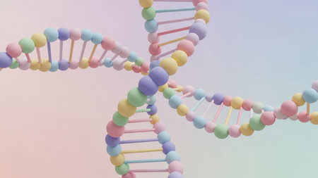 A vibrant, abstract representation of a DNA double helix with pastel-colored spheres and rods against a soft gradient background.の素材