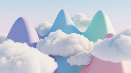 A surreal landscape featuring soft pastel-colored mountain peaks peeking through a sea of fluffy, white clouds.の素材