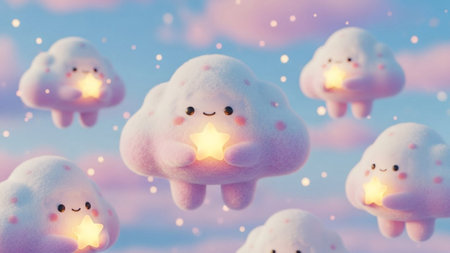Adorable fluffy clouds with happy faces float in a pastel sky, each holding a bright, glowing star.の素材