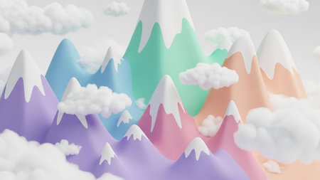 A surreal, vibrant landscape featuring pastel-colored mountains and soft, fluffy clouds, evoking a sense of fantasy and wonder.の素材