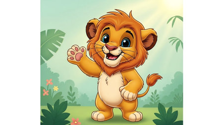 A cute, anthropomorphic lion cub with big eyes and a friendly smile waves its paw in a vibrant jungle with palm trees and foliage.の素材