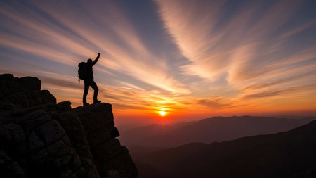 A lone hiker stands triumphantly on a rocky summit, arms raised against a dramatic sunrise with streaking clouds.の素材