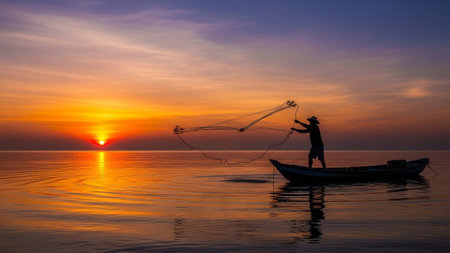 A lone fisherman in a small boat casts a net into the tranquil ocean as the sun sets, painting the sky with warm colors.の素材