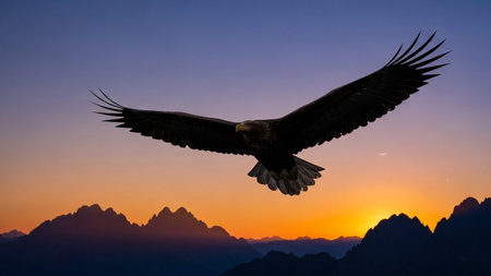A powerful eagle in silhouette flies gracefully over rugged mountains during a breathtaking sunset with warm orange and purple hues.の素材