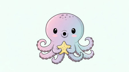 A charming cartoon octopus with large eyes and a pastel color palette, holding a yellow starfish. The illustration has a soft, dreamy aesthetic.の素材