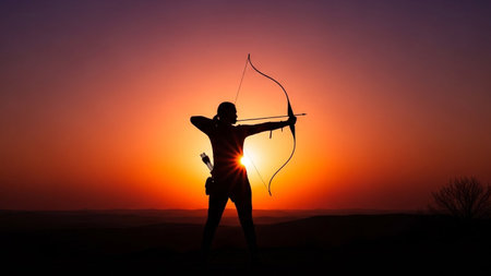 A lone archer stands in silhouette, drawing a bow against a dramatic orange and purple sunset.の素材