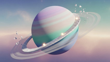 A stylized, pastel-colored planet with rings floats in a soft, hazy nebula with shimmering lights and small celestial bodies.の素材
