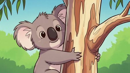 A cute, grey cartoon koala with big eyes clings to a textured tree trunk amidst lush green foliage and a blue sky.の素材