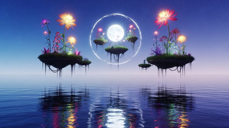 Enchanting scene of islands suspended in air, adorned with bioluminescent plants and reflected in calm water.の素材