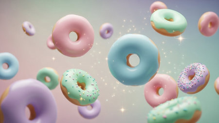 A collection of colorful, pastel-frosted donuts with sprinkles float in a soft, blurred background with subtle bokeh effects.の素材