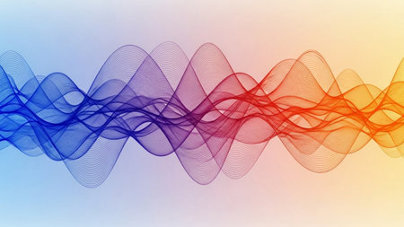 A colorful abstract visualization of sound waves, transitioning from blue to red and orange, against a soft gradient background.の素材