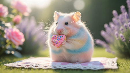 A fluffy, pastel-colored hamster sits on a doily in a garden, happily nibbling on a small, pink treat.の素材