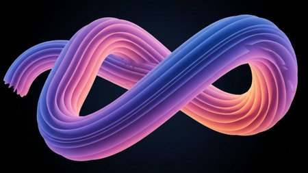 A swirling, textured infinity symbol with a gradient of purple, pink, and orange hues against a dark background.の素材