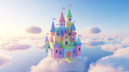A vibrant, multi-colored castle rests on soft, fluffy clouds against a bright, ethereal sky.の素材