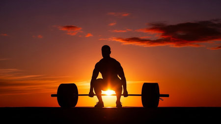 A powerful silhouette of a person preparing to lift weights against a vibrant sunset sky.の素材
