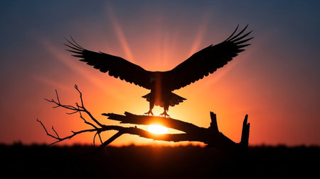 A powerful eagle stands silhouetted on a bare branch, its wings spread wide against a vibrant, sun-drenched sky at dusk.の素材