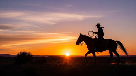 A lone cowboy rides a horse, lasso in hand, against a dramatic orange and purple sunset sky in a vast, open landscape.の素材