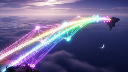 A vibrant rainbow bridge arcs across a mystical sky, connecting floating islands with glowing lights and ethereal clouds.の素材