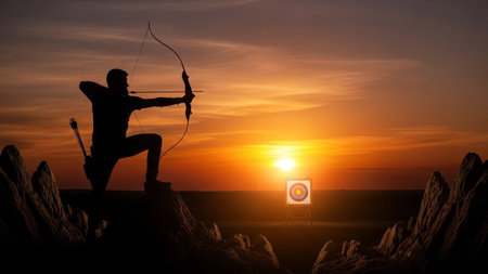 A lone archer kneels on a rocky outcrop, drawing a bow at a target illuminated by a fiery sunset.の素材