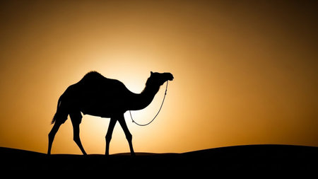 A lone camel stands in silhouette against a glowing, orange desert sky, its form stark against the warm hues of dusk.の素材
