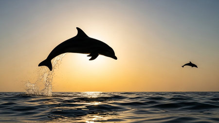 A silhouette of a dolphin jumps out of the ocean water against a warm sunset sky with another dolphin in the distance.の素材