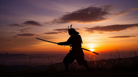 A lone samurai warrior stands silhouetted against a vibrant sunset, holding a sword, evoking a sense of power and tradition.の素材