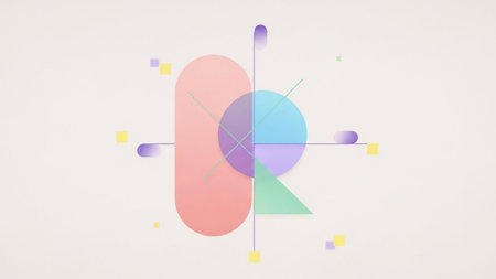 A minimalist composition featuring rounded rectangles, circles, and triangles with soft pastel gradients on a light background, accented by small colorful dots.の素材