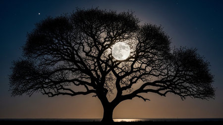 A large, bare tree stands in silhouette against a bright full moon, creating a dramatic and ethereal night scene.の素材