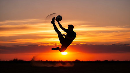 Silhouette of a man playing football on a sunset background.の素材