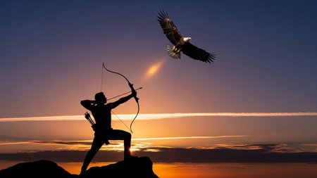 A silhouette of an archer on a rocky outcrop draws a bow, aiming at a bird of prey soaring in the vibrant sunset sky.の素材