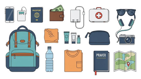 A collection of essential travel items including a backpack, first aid kit, camera, passport, wallet, and map, all illustrated in a clean, flat style.の素材