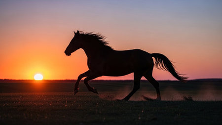 A majestic horse gallops across a dusty plain, silhouetted against a vibrant orange and pink sunset sky.の素材