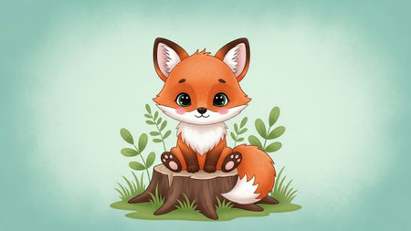 A cute, wide-eyed cartoon fox with a bushy tail sits on a rustic tree stump amidst green foliage against a soft mint background.の素材