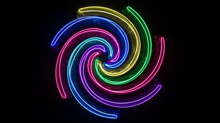 A dynamic, colorful abstract design formed by swirling neon lights against a dark background, creating a mesmerizing visual effect.の素材
