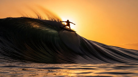 A lone surfer rides the crest of a powerful wave, silhouetted against a fiery orange and yellow sunset.の素材