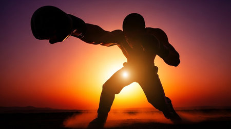 A lone boxer's silhouette is captured mid-punch against a vibrant sunset sky, symbolizing strength and determination.の素材