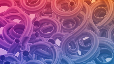 A close-up, abstract view of numerous intertwined, tubular, and coiled organic-like structures with a vibrant gradient of pink, purple, and blue hues.の素材