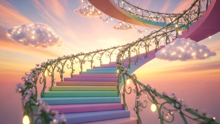 A whimsical, pastel-colored spiral staircase winds upwards through fluffy clouds towards a vibrant, dreamlike sunset.の素材