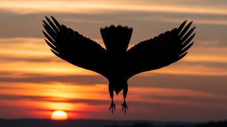 A black silhouette of a raven with outstretched wings is captured against a vibrant sunset, with the sun low on the horizon.の素材