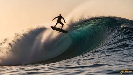 A lone surfer carves down the face of a colossal ocean wave, silhouetted against a warm, hazy sunset.の素材