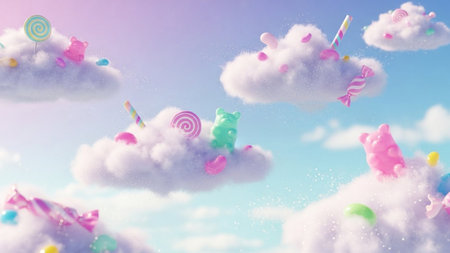 Fluffy clouds adorned with colorful candies and adorable animal figures drift through a soft pastel sky, creating a sweet and magical scene.の素材