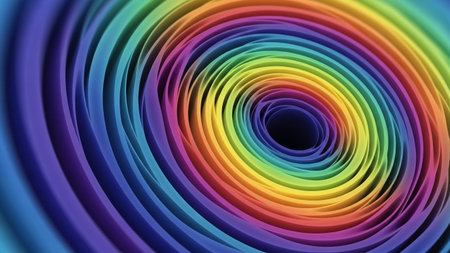 A close-up view of a colorful spiral pattern with vibrant rainbow hues, creating a mesmerizing visual effect.の素材